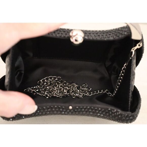 Nina Black Crystal Minaudiere w/Metal Handle & Detachable Drop-In Chain Strap - Picture 4 of 14